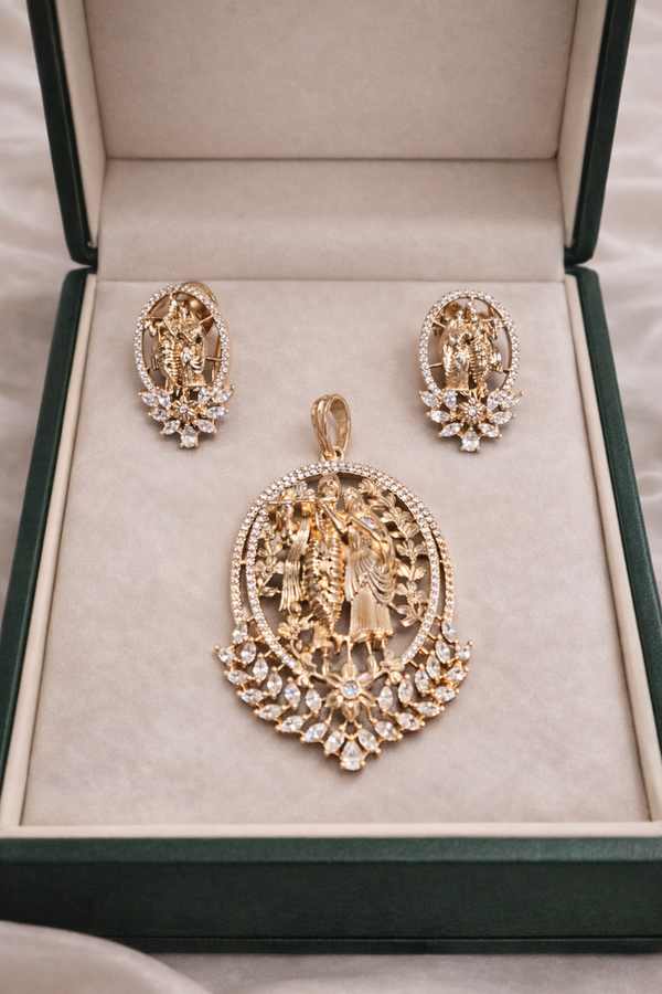 Rose Gold Divine Radha Krishna Diamond Pendant & Earrings Set | Ammaira Jewelz