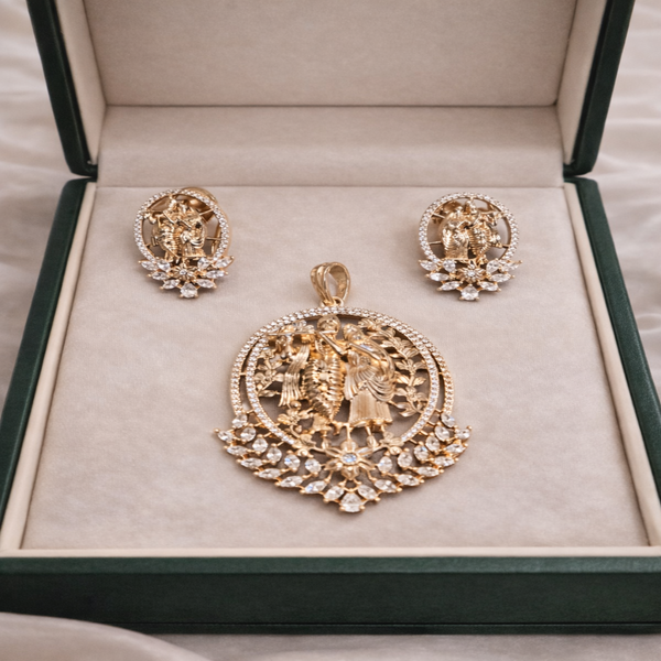 Rose Gold Divine Radha Krishna Diamond Pendant & Earrings Set | Ammaira Jewelz