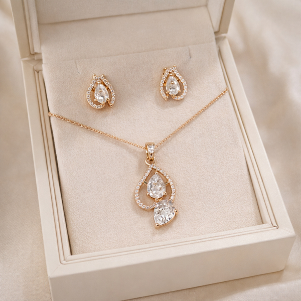 Rose Gold Double Teardrop Crystal Pendant & Earrings Set β Luxury Sparkle Jewelry