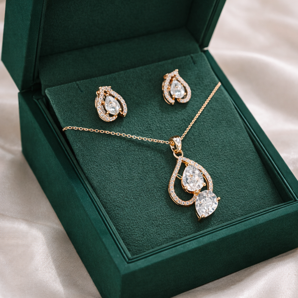 Rose Gold Double Teardrop Crystal Pendant & Earrings Set β Luxury Sparkle Jewelry