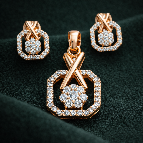 Rose Gold Floral Crystal Pendant & Earrings Set β Elegant Geometric Frame Jewelry