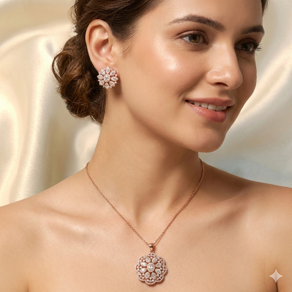 Rose Gold Floral Diamond Pendant & Stud Earrings Set | Ammaira Jewelz