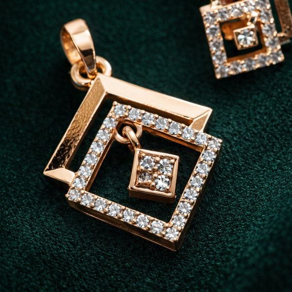 Rose Gold Geometric Crystal Pendant & Stud Earrings Set – Elegant Square Design Jewelry
