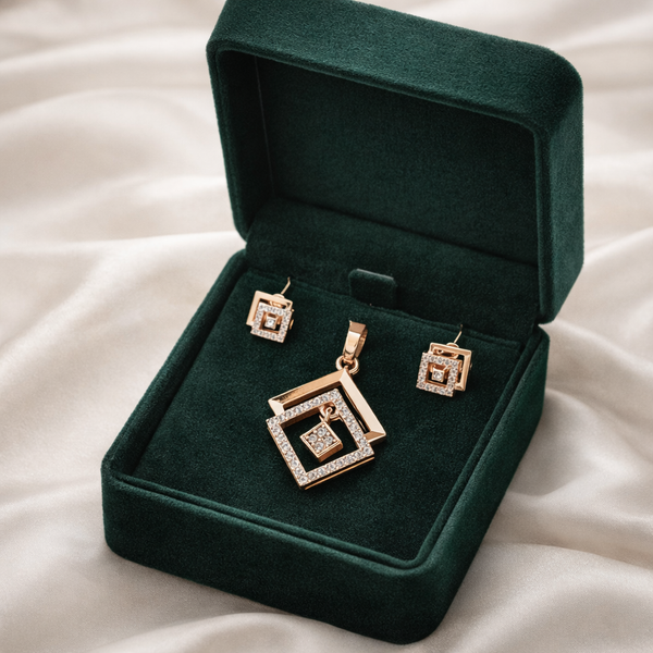 Rose Gold Geometric Crystal Pendant & Stud Earrings Set – Elegant Square Design Jewelry