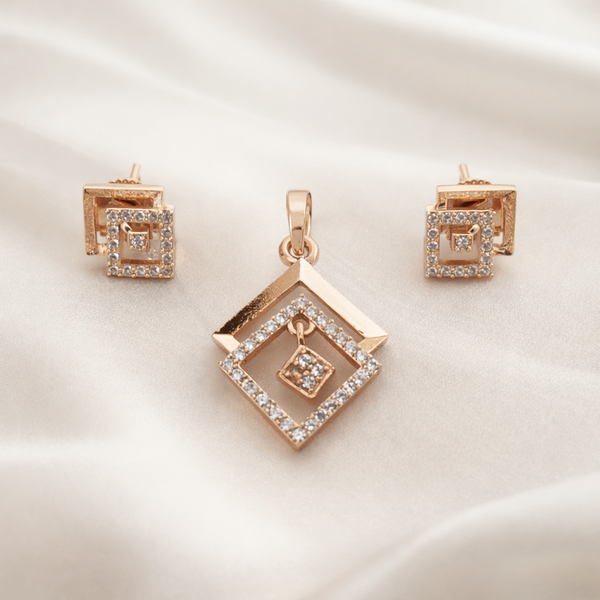 Rose Gold Geometric Crystal Pendant & Stud Earrings Set – Elegant Square Design Jewelry