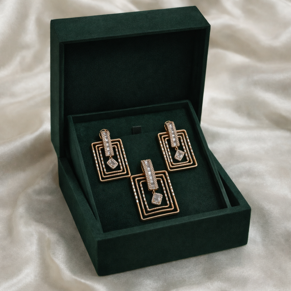Rose Gold Layered Geometric Diamond Pendant & Earrings Set | Ammaira Jewelz