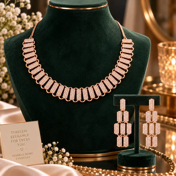 Rose gold Cubic Zirconia rectangular link necklace set with matching dangling earrings for women, featuring an adjustable chain and sparkling design.