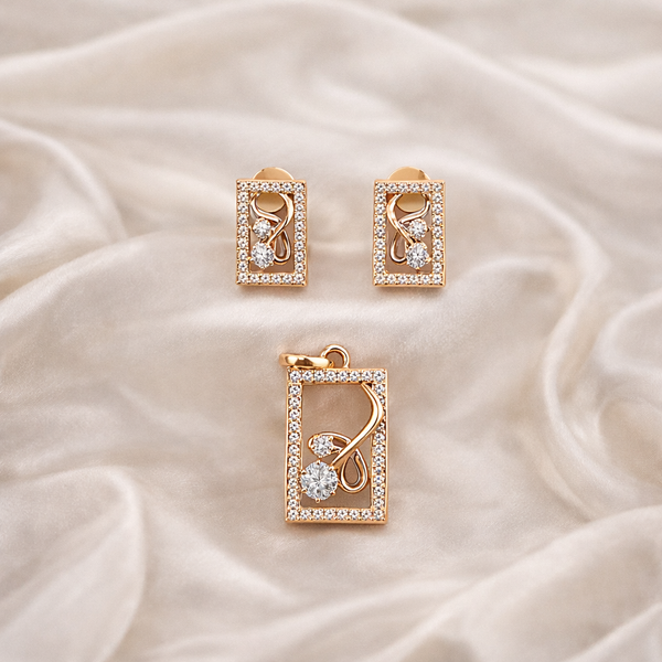 Rose Gold Rectangular Diamond Pendant & Stud Earrings Set | Ammaira Jewelz