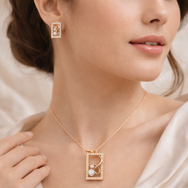 Rose Gold Rectangular Diamond Pendant & Stud Earrings Set | Ammaira Jewelz
