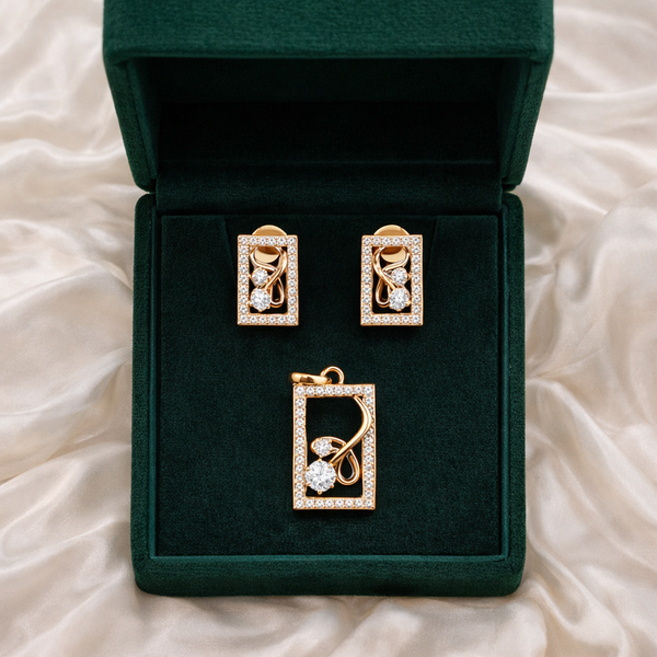 Rose Gold Rectangular Diamond Pendant & Stud Earrings Set | Ammaira Jewelz