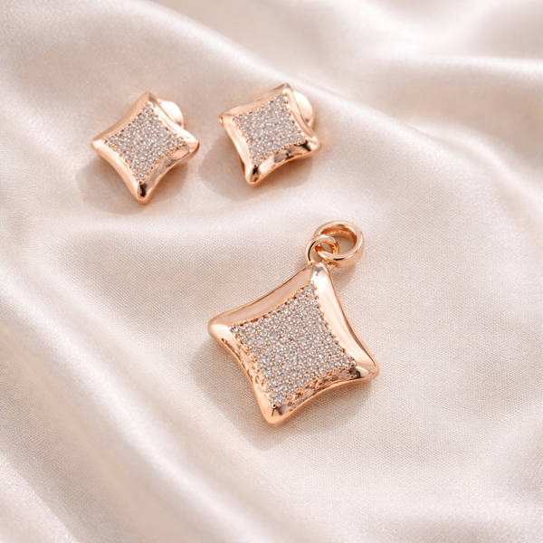 Rose Gold Square Crystal Pendant & Stud Earrings Set – Elegant Sparkle Jewelry