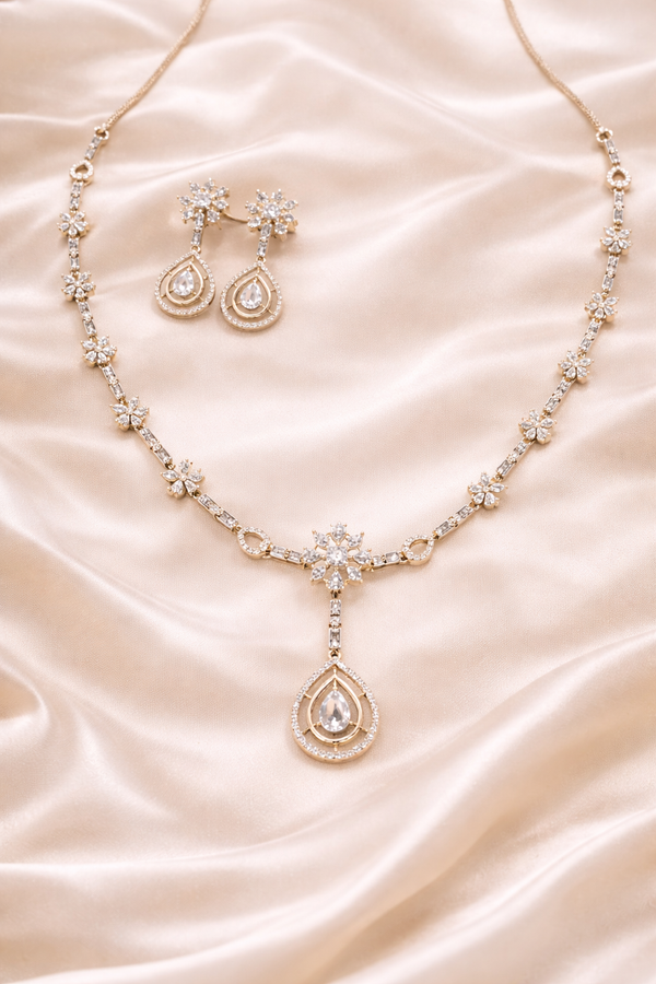 Rose Gold Teardrop Diamond Necklace & Earrings Set | Ammaira Jewelz