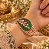 Rose gold premium brass cuff bracelet with coloured zirconia stones, pearl accents and clear stone detailing, available in red, green, champagne and blue variations.