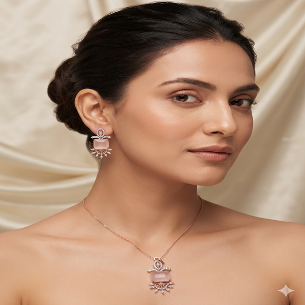 Rose Gold Square Diamond Pendant & Stud Earrings Set | Ammaira Jewelz