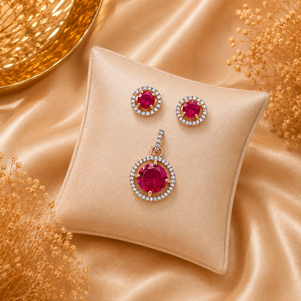 Royal crimson halo pendant with matching American diamond stud earrings in premium gold-tone finish, pendant set without chain.