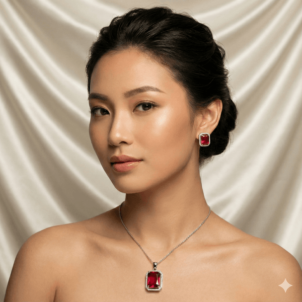 Ruby Red Radiant Cut AD Silver Pendant Set | Ammaira Ammaira Jewelz