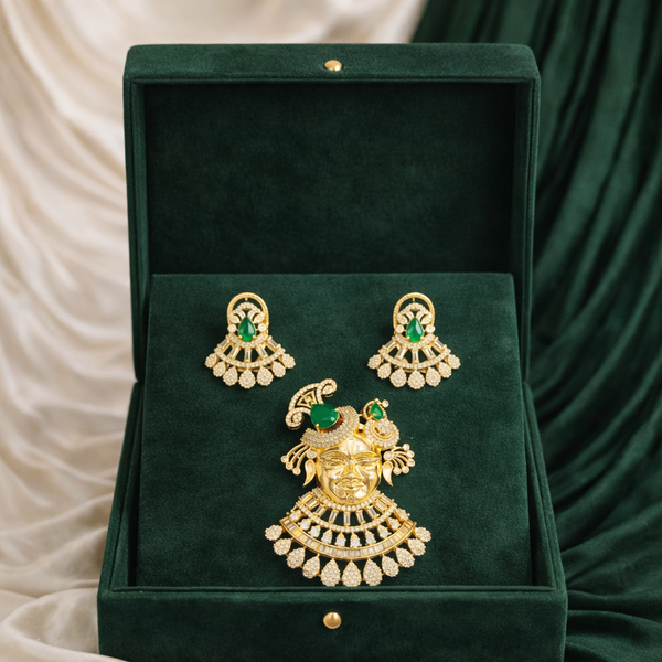 Shyam Kripa Divya Darshan Khatu Shyam Ji Rose Gold Pendant Set - Emerald | Ammaira Jewelz