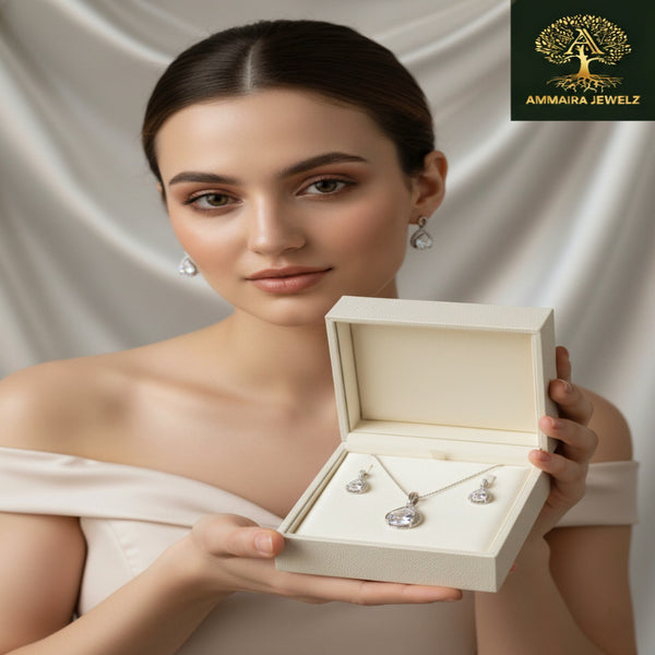 Silver Polish Teardrop Diamond Pendant & Stud Earrings Set | Ammaira Jewelz