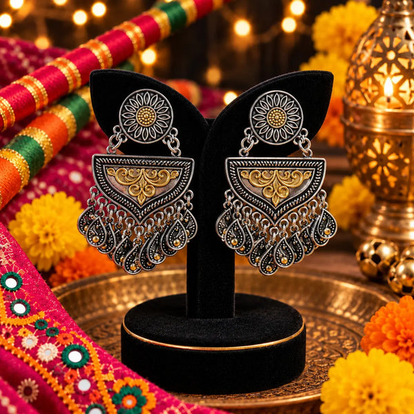 Vasudha two-tone fusion alloy statement earrings for women with floral tops, geometric drops and dangling paisley-inspired charms for Navratri.
