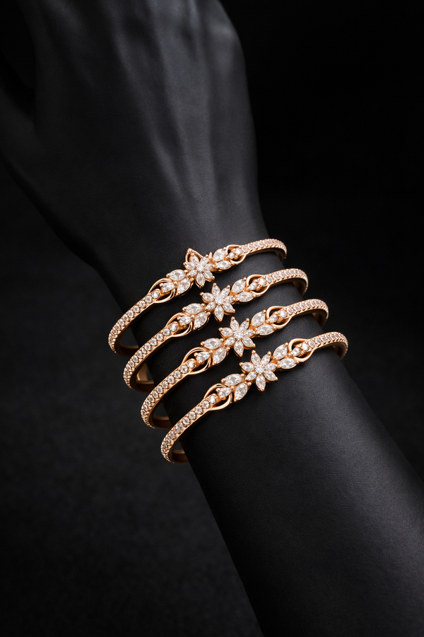 Rose Gold Floral American Diamond Bangles Set | Festive Designer Bangles