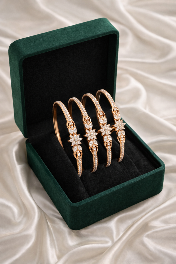 Rose Gold Floral American Diamond Bangles Set | Festive Designer Bangles