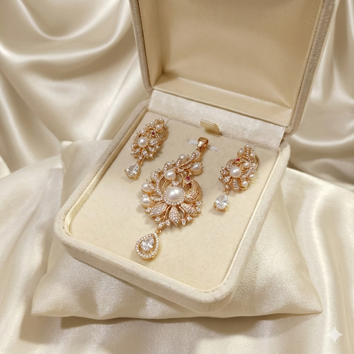 Discover the perfect blend of tradition and modern luxury with Ammaira Jewelz's Rose Gold Peacock Pendant Set. Featuring lustrous pearls and sparkling details. Shop now!