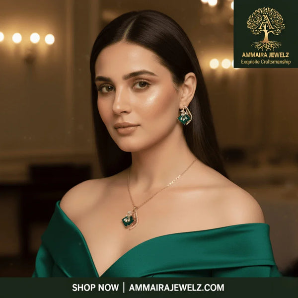AMMAIRA"S The Emerald Leaf Set: Geometric Pendant & Coordinating Earrings in Rose Gold - Ammaira Jewelz