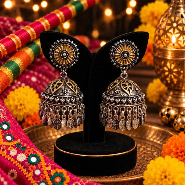 Aaradhya two-tone fusion mirror work oxidised alloy jhumka earrings for women, styled for Navratri festive wear.
