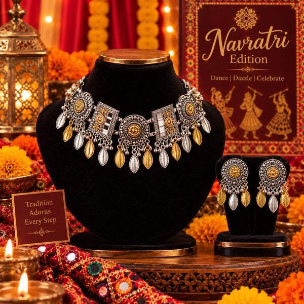 Aaranya Leaflight alloy oxidised 2-tone fusion necklace set with leaf-inspired hanging details and matching earrings for women