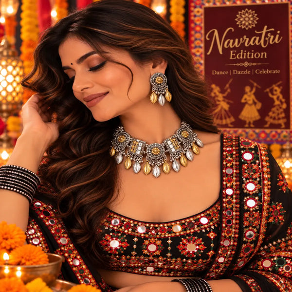 Aaranya Leaflight alloy oxidised 2-tone fusion necklace set with leaf-inspired hanging details and matching earrings for women