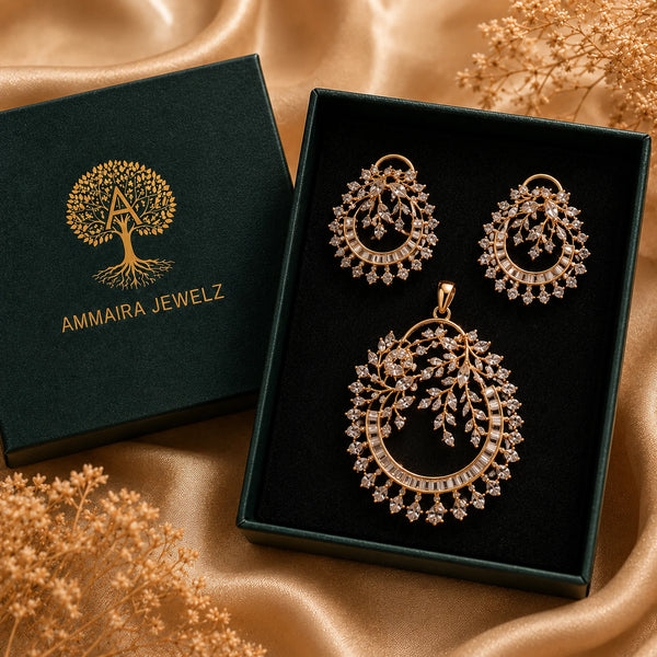 Luxury gold finish American Diamond floral pendant set without chain featuring matching earrings with sparkling baguette and marquise stones.