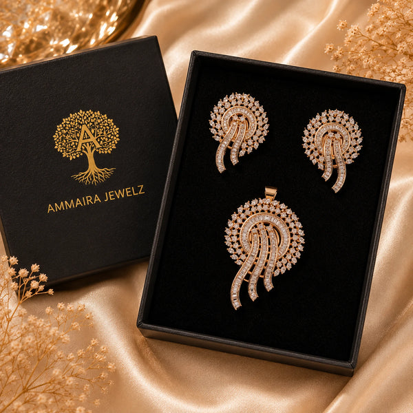 Luxury American Diamond pendant set without chain featuring a cascading circular design with matching gold finish earrings.