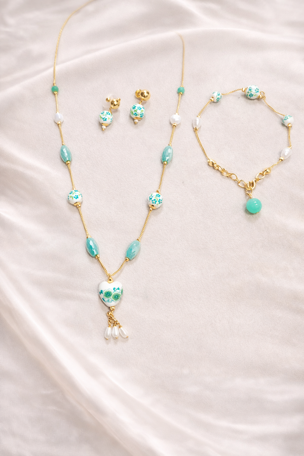 Ammaira Aqua Bloom Luxe Gold Mala Set with Bracelet & Earrings