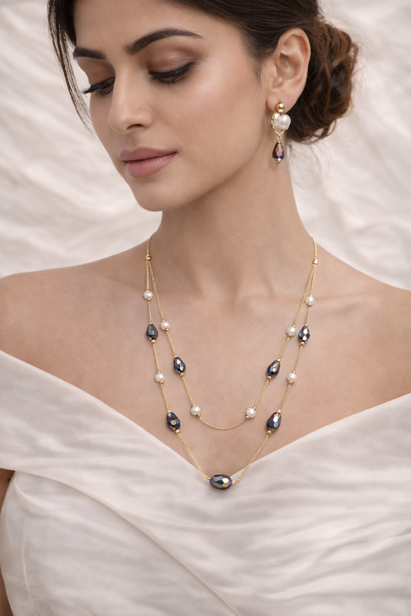 Ammaira Prism Royale Dual-Layer Gold Crystal & Pearl Mala Set