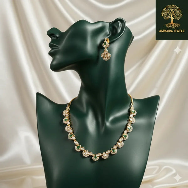 Ammaira's Classic Polki Teardrop Fringe Necklace Set - Ammaira Jewelz