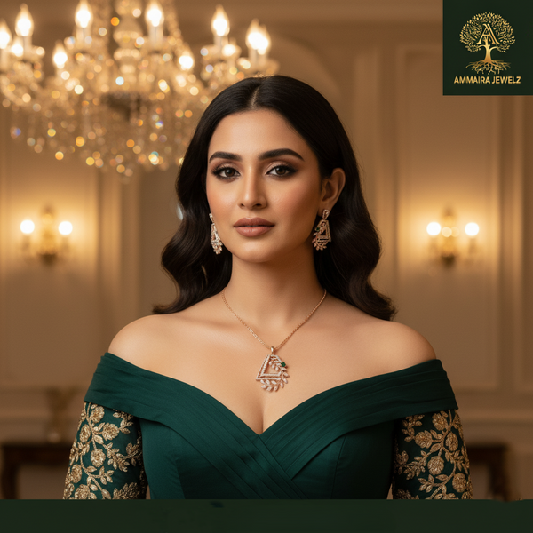 Ammaira's Rose Gold Geometric Leaf Pendant Set .