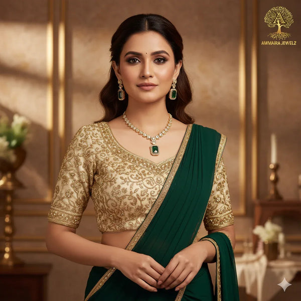 Ammaira's Royal Emerald Green & Polki Heritage Set - Ammaira Jewelz