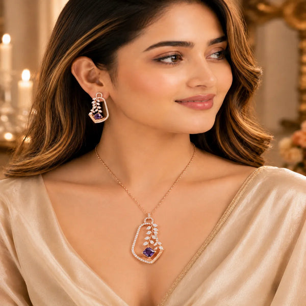 18K Rose Gold American Diamond pendant set with violet CZ stone and vine-inspired design for women