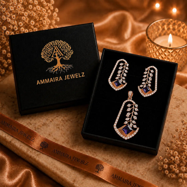 18K Rose Gold American Diamond pendant set with violet CZ stone and vine-inspired design for women