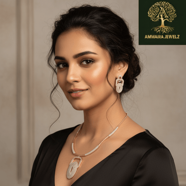 Rose gold necklace set with layered oval geometric pendant and matching earrings, accented with diamond-inspired detailing, displayed on a satin background showcasing modern luxury jewellery design.