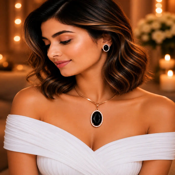 18K rose gold polish oval doublet stone pendant set with matching stud earrings surrounded by high-quality American Diamonds (CZ) for women18K rose gold polish oval doublet stone pendant set with matching stud earrings surrounded by high-quality American Diamonds (CZ) for women