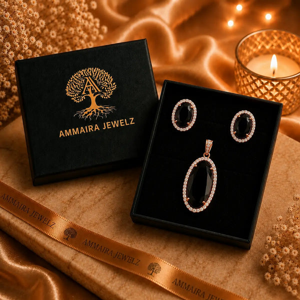 18K rose gold polish oval doublet stone pendant set with matching stud earrings surrounded by high-quality American Diamonds (CZ) for women