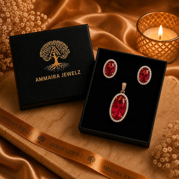 18K rose gold polish oval doublet stone pendant set with matching stud earrings surrounded by high-quality American Diamonds (CZ) for women
