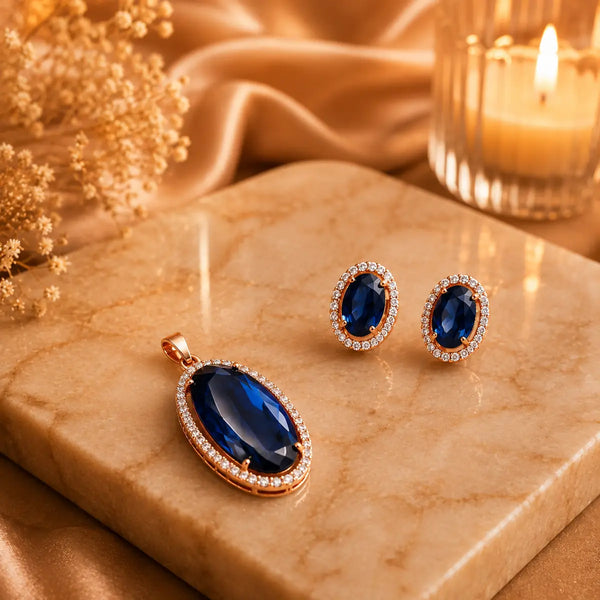 18K rose gold polish oval doublet stone pendant set with matching stud earrings surrounded by high-quality American Diamonds (CZ) for women