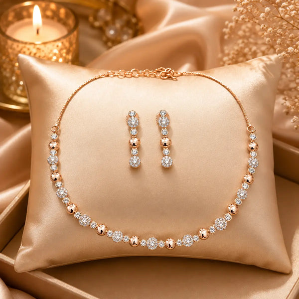 Aurelia Bloom rose gold CZ necklace set for women with floral crystal motifs and matching drop earrings
