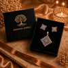 Rose gold Premium Brass pendant set with a diamond-shaped zirconia pendant and matching geometric stud earrings.