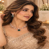 Rose gold Cubic Zirconia necklace set with matching dangling earrings, featuring a linked necklace design, sparkling rectangular centre stones and an elegant statement pendant.