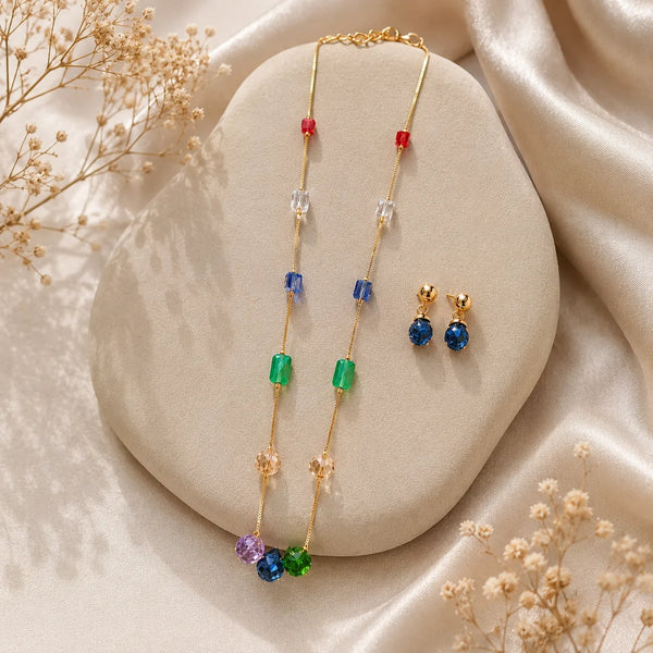 Prism Aura Luxe Gold Crystal Mala Set with Earrings