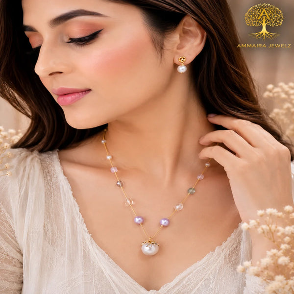 Blush Pearl Luxe Gold Crystal Mala Set with Earrings