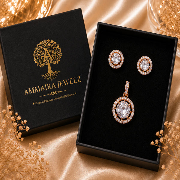 Luxury rose gold American Diamond halo pendant and stud earrings jewellery set for women with brilliant-cut stones